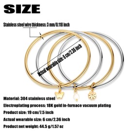 DS Gold Bangles for Women 18K Gold Plated Stainless Steel Tarnish-Resistant Stackable Wire Bracelets-Trendy Two Tone Mixed Metal Charm Jewelry with Butterfly,Pearl & Daisies Stack Gift for Christmas (2 gold-2 sliver, 7.5 inch)