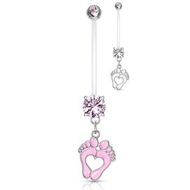 Forbidden Body Jewelry 14G 1" Pregnancy Bioflex Adjustable & Flexible Dangle Baby Feet CZ Maternity Belly Ring, Clr/Pink (2pc)