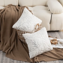 LIGICKY Set of 2 Fluffy White Faux Fur Pillow Covers Silver Branches Glitter Throw Pillows Decorative Soft Furry Sparkling Square Cushion Cases for Sofa Bedroom Party Décor 20x20inch