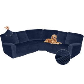 Arfntevss Sectional Recliner Couch Covers Velvet Corner Sectional Sofa Cover for Reclining Couch Stretch Soft L Shape Recliner Slipcover Thick U Shaped Washable Protector (5 Seat Cover, Navy Blue)