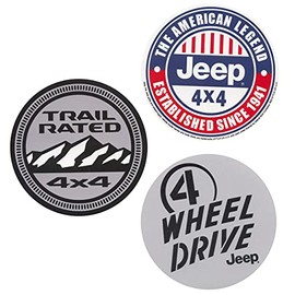 (3) Premium 4"Jeep Logo Vinyl Stickers Trail Rated 4 x 4, 4 Wheel Drive and American Legend Since 1941 Logos