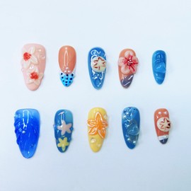 Handmade Press on Nails Medium Almond Fake Nails Summer 3D False Nails Luxury Cute Flower Full Cover Stick on Nails Glue on Nails Floral Nails Acrylic Nails for Women Girls (Blue Ocean M)