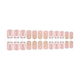 24Pcs Easter Press on Nails Medium Square Fake Nails Cute Rabbit False Nails Easter Polka Dots Design Acrylic Nails Naked Glossy Stick on Fingernails for Women Girls Holiday Nail Decoration