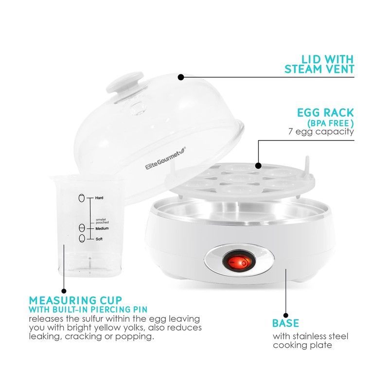 Elite Gourmet EGC322CW Easy Egg Cooker Electric 7-Egg Capacity, Soft,