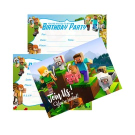 NINIMBLE 24PCS Pixel Birthday Invitations,Pixelated Video Game Party Invitations Birthday Party Supplies Decoration (Invitations 5)
