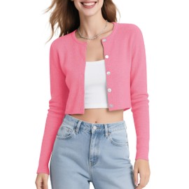 Urban CoCo Women's Long Sleeve Button Up Cropped Cardigan Sweaters for Women Crew Neck Short Bolero Shrug for Dresses Coral