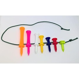 CyberSunrise Golf Tee String Set, 7 Multi-Colored Plastic Tees, 25-70mm Lengths, Drilled Design with Connecting String, Made in UK