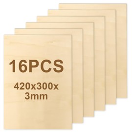 Pack of 16 A3 Plywood Panels, 3 mm, 420 x 300 x 3 mm, Linden Plywood, Wooden Panels for Crafts, Wooden Panel for DIY Woodwork, Laser Processing, Pyrography, Model Building, Gifts, Decoration, Painting