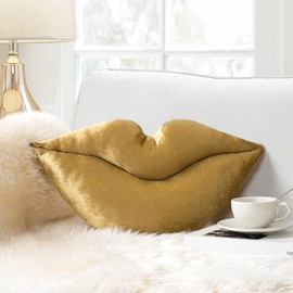 AELS 3D Lips Throw Pillows Smooth Soft Velvet Decorative Throw Pillows Love Pillows Cute Pillow 20 X 11 inches for Couch Sofa Bed Living Room Bedroom, Gold