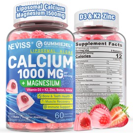 Calcium Supplements for Women, Men - Liposomal Calcium 1000mg With Vitamin D3 K2, Magnesium Glycinate, Zinc, Boron, Silica for Bone Health - Sugar Free Calcium Magnesium Zinc Gummies, Vegan, 60 Count