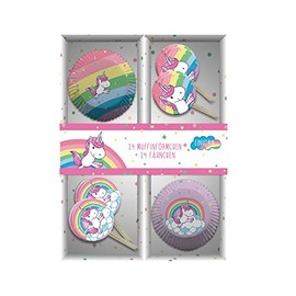 Einhorn Muffin Backset im Geschenkkarton: 24 Muffinförmchen + 24 Fähnchen