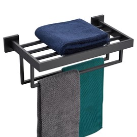 KOKOSIRI Matte Black Towel Rack 16'' Bathroom Towel Shelf with Double Towel Bars SUS304 Stainless Steel Wall Mounted, B6003BK-L16
