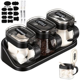 Suclain 3 Pcs Sugar Coffee Container Set 16 oz Glass Condiment Jar Spice Container Coffee Station Organizer Set with Lable Stickers Scoop for Bean and Sugar Candy, Oats, Nuts (Black)