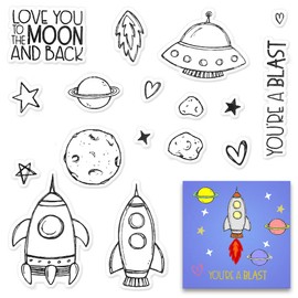 Hying Spring Moon Stars Clear Stamps for Card Making, Planet Rocket UFO Blessing Words Clear Rubber Stamps for Bullet Journal DIY Scrapbook Decoration Handmade Crafts Notebook