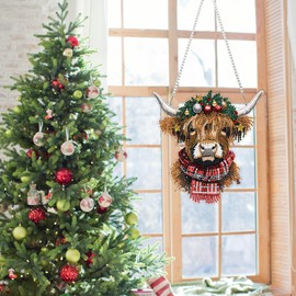 Christmas Diamond Art Hanging Kits for Adults, Cow Diamond Painting Pendant Kits, DIY Acrylic 5D Special Shaped Crystal Diamonds Gem Art Painting Ornament for Home Wall Decor Gift