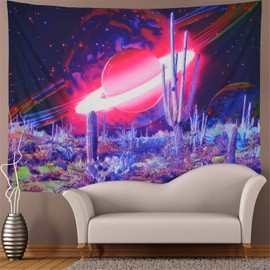 Lahasbja Trippy Planet Tapestry Psychedelic Cactus Tapestry Mysterious Galaxy Space Tapestry Magic Starry Stars Wall Hanging for Bedroom W59 × H51