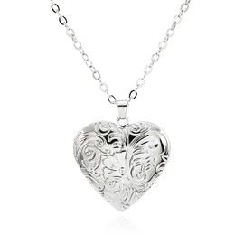 POYAMUSE Heart Locket Necklace for Women, Vintage Brass Locket Pendant - Floral Engraved Design, Heart Shaped Pendant Keepsake Jewelry - N-Silver
