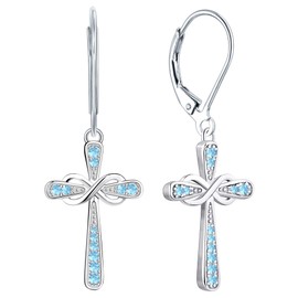 YL Cross Earrings Sterling Silver Infinity Dangle Drop Earrings Created Aquamarine Criss Leverback Jewelry