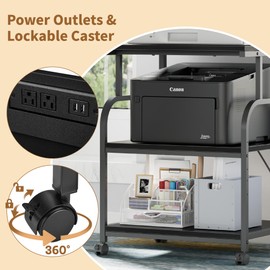 VECELO Large Printer Stand with Power Outlet, 18.9"x23.6"x30.2" 3-Tier Rolling Cart with 5-Level Adjustable Shlef & Lockable Wheels, Heavy-Duty for Home Office, Black