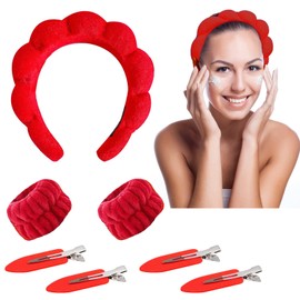 Set of 1 Women's Headband, 2 Face Wash Wrists, 4 Hair Pins, Hair Band, Cosmetic Headband, Reusable Hair Bands Make Up Made of Sponge, Hair Bands for Makeup, Skin Care, Sports (Red)
