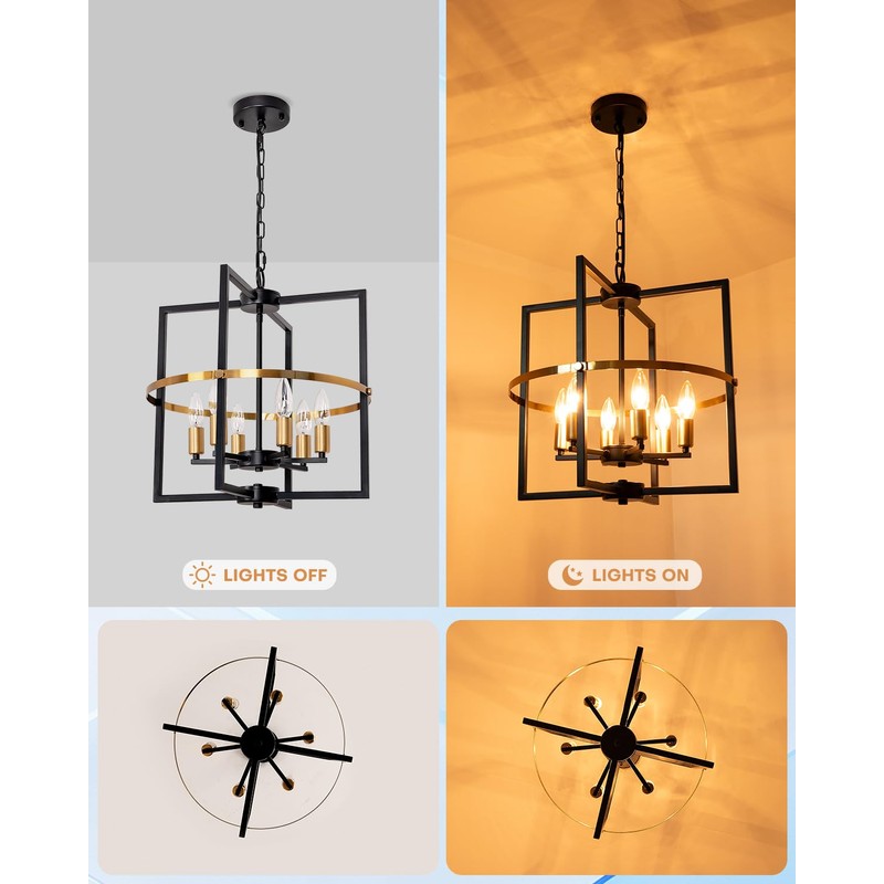 JHLBYL Black and Gold Chandelier: 6-Light Geometric with Reinforced Center