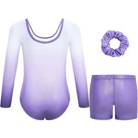 Gogokids Girls Three-Piece Gymnastics Leotards, Long Sleeve Gymnastics Set with Shorts and Hairband, Sparkling Ballet Dancing Unitards - Gymnastics Outfit with Gradient Color Design for 5-6 Years
