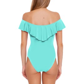 Trina Turk Women's Standard Ruffle One Piece Swimsuit, Off Shoulder, Bathing Suits, Sky, 18