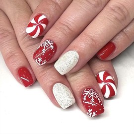 Christmas Press on Nails Short Square Red Fake Nails Press on Glitter Artificial False Nails with Snowflake White Swirl Designs Xmas Glue on Nails Acrylic Full Cover Stick on Nails for Women 24 Pcs