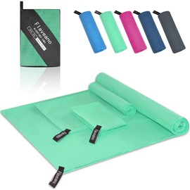 Flaveano Microfibre Towel, Travel Towel Set of 3 (180x90cm, 80x40cm, 50x30cm), Quick Drying for Camping, Swimming, Beach, Gym And Sports (70.9”x35.4”, 31.5”x15.8”, 19.7”x11.8”) - Light Green