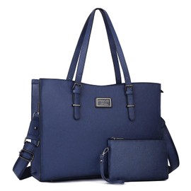 MOSISO Laptop Bag for Women Compatible with MacBook Air 15 inch M2 A2941/Pro 16 inch M3 M2 M1, 15-15.6 inch Notebook, Waterproof PU Leather Curved Tote Bag Work Briefcase with Small Pouch, Navy Blue