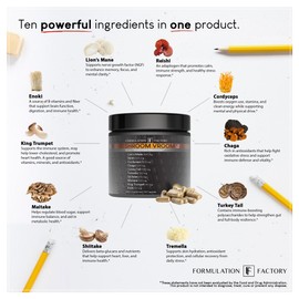 Formulation Factory Shroom Vroom 10-in-1 Mushroom Supplement, Lion’s Mane, Reishi, Cordyceps, Chaga, Turkey Tail, Tremella, Shiitake, Maitake, Cognition, Immune, Energy, Vitality, Focus, Brain