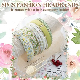 SPOKKI 8Pcs Fashion Headbands for Women Girls, Floral Padded Headbands for Girls, Pearl Cute Headbands, Different Size Plaid Headband, Elegant Girls Headbands, Headbands Set with Storage Hook(Green)
