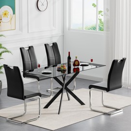51inch Modern Dining Table for 4, Glass Kitchen Dining Room Table for 4, 0.32" Tempered Glass Tabletop and Black Metal Legs,Rectangle Black Glass Tables for Kitchen, Dining Room