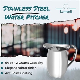 64oz, Smooth Silver Stainless Steel Water Pitcher With Ice Guard, stainless steel pitcher for restaurants.