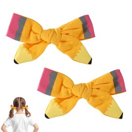 Lyreh 2pcs Back to School Pencil Hair Bows Clips, Yellow Pencil Bows First Day of School Season Hair Accessories for Students Teachers Ribbon Hairpins for Graduation Outfits