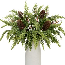 40 Pcs Artificial Pine Branches Pinecone Holly Berry Set, 12.5 Inch Christmas Greenery Picks Foliage Sprigs Fake Cedar Stems for Xmas Vase Filler DIY Crafts Garland Wreath Home Decor (40, White Berry)