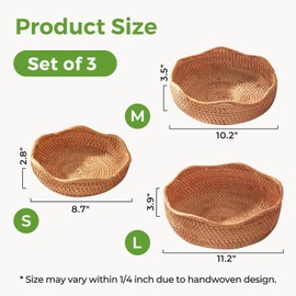 Bread Baskets for Serving, Rattan Basket Fruit Bowl for Kitchen Counter, Natural Rattan Tray Wicker Baskets for Organizing, Decorative Bowl Fruit Basket for Kitchen Counter Wicker Decor Set of 3