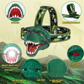 Nitigo Dinosaur Headlamp for Kids Flashlight 2 Pack, Rechargeable Led Headlights Roar & Silent Mode, T-Rex Dinosaur Toys, Camping Gear, Gifts for Boys Girls Adults