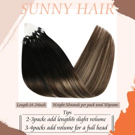 Sunny Hair Sunny Hair Micro Loop Hair Extensions Real Human Hair Soft Micro Ring Hair Extensions Human Hair Black Balayage Dark Brown Ombre Medium Ash Blonde Micro Hair Extensions Black for Women 50g 20inch