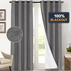PrinceDeco 100% Blackout Linen Curtains 108 Inches Long 2 Panels Textured Room Darkening Thermal Drapes for Bedroom Dining Room, Soundproof Window Treatment Drapes for Hall Room,Grey, Set of 2