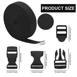 25 mm x 5 m nylon webbing with 10 pairs of buckles, 2.5 cm durable webbing and side release buckles clips for DIY craft backpack strapping bag webbing luggage attachment strap, black