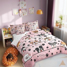 Manfei Cute Dog Comforter Set in a Bag 7 Pieces Reversible,Cartoon Puppy Pet Bed Set,Black Paw Bone Bedding Soft Microfiber,Twin (1 Comforter,2 Pillowcase,2 Pillow Covers,1 Flat Sheet,1 Fitted Sheet)