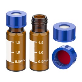 2mL Autosampler Vials, Membrane Solutions HPLC Vials, 9-425 Amber Vials with Write-on Spot and Graduations, 9mm Blue ABS Screw Caps & Septa for GC Sample Vials, 200 Pcs