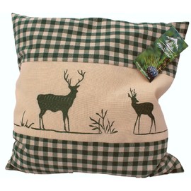 Pine Cushion Green Checked with Stag Embroidery Filled with Pine Flakes Made from 100% Alpine Pine Wood in Extra Ticking Size 40 x 40 cm