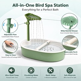 Indoor Bird Bath Fountain with Leaf Rainfall Shower, Adjustable Water Flow, Anti-Clog Filter Pump, PP & Wood Perches, Parrot Shower Bath for Parakeet, Cockatiel, Lovebird and Small Birds