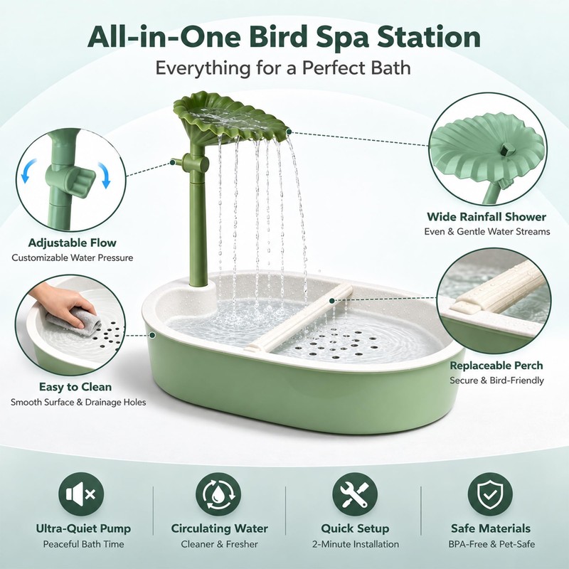 Indoor Bird Bath Fountain with Leaf Rainfall Shower, Adjustable Water
