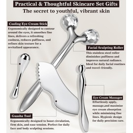 TANGZHIFEIYUE Face Roller, Stainless Steel Metal Gua Sha & Eye Cream Applicator Facial Sculpting Tool Set Eye Roller Massager Lymphatic Drainage Guasha for Face Neck