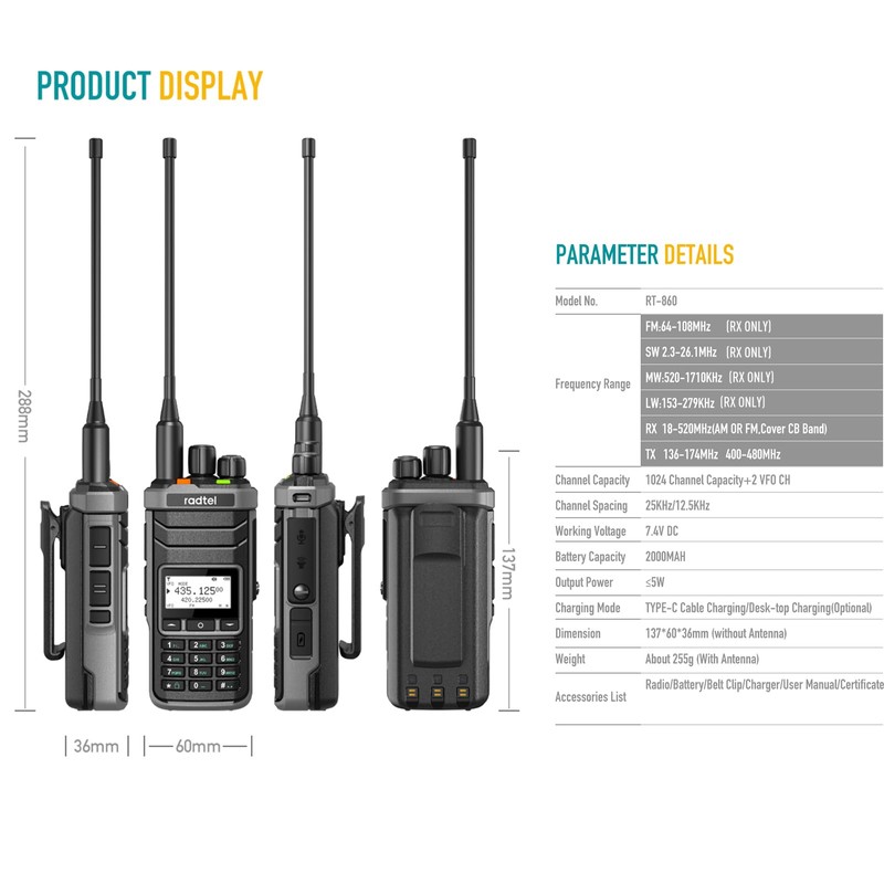 Radtel RT-860 Multi Band Ham Radio HF UHF VHF Dual