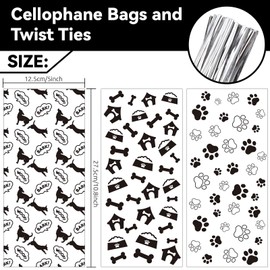 Whaline 150Pcs Dog Paw Cellophane Bags with 150Pcs Twist Ties Pet Paw Bone Print Cello Bags Clear Goodie Treat Bags Pet Theme Party Candy Favor Bags for Pet Birthday Treat Party Supplies