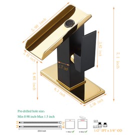 One Hole Bathroom Faucets LED Waterfall Spout Black and Gold RGB 3 Colors Light Changing Temperature Lavatory Vanity Sink Faucet Brass Single Handle Modern Washbasin Bath Tap Commercial Residential